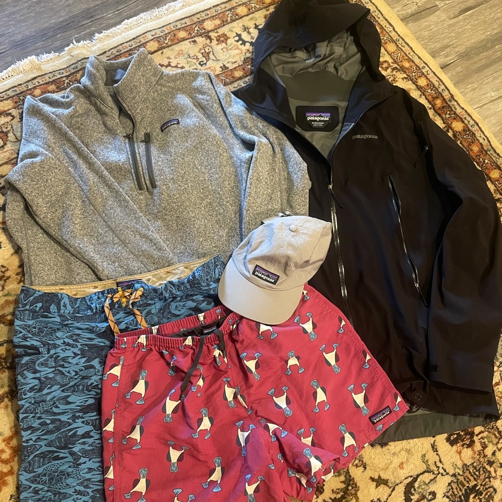 Patagonia XL Bundle - Rain/Snow Jacket, Quarter Zip Fleece, Swimsuits, Hat